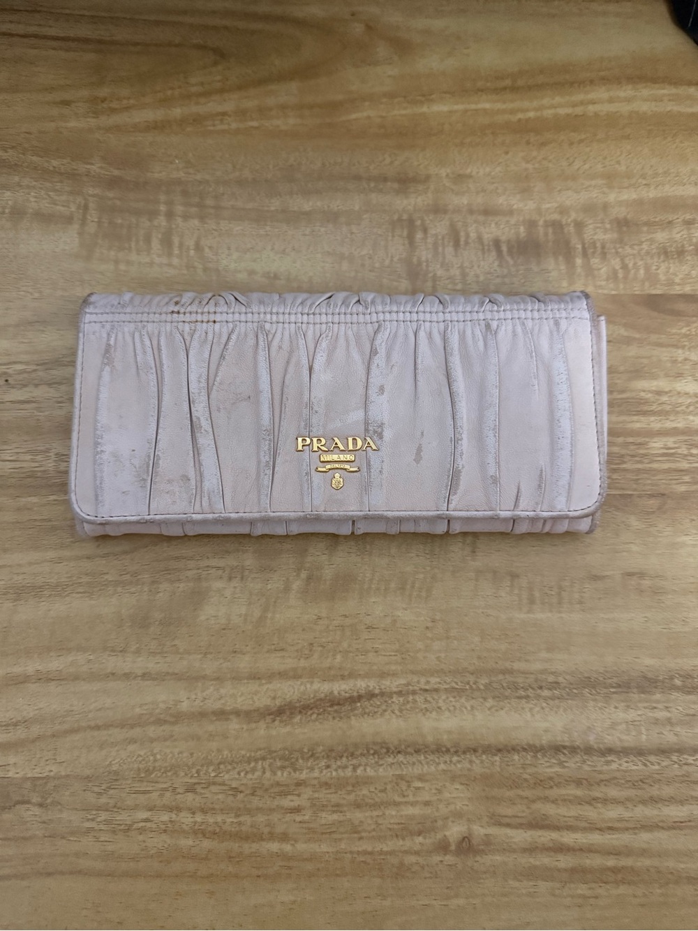 Vintage Prada Beige Pleated Leather Continental Wallet (With flaws)